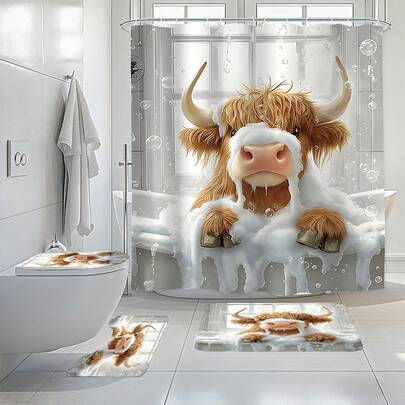 1/4 件套，可爱高地牛浴室套装 - 轻质面料，不透明，浴垫和马桶座套 - 可爱的农场动物设计。