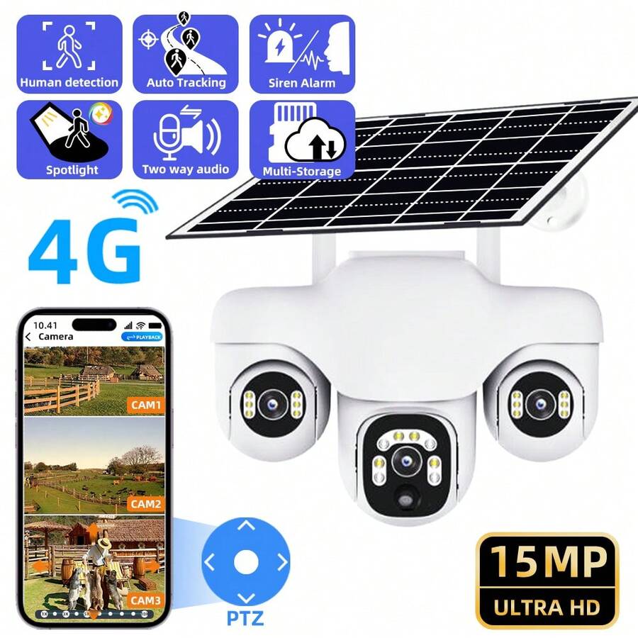 V380 4G Solar Powered 3-Lens PTZ Camera, 15MP Triple-Screen CCTV, 10X Zoom Outdoor Video Surveillance Security Camera With Two-Way Audio IP Camera - White - View 1