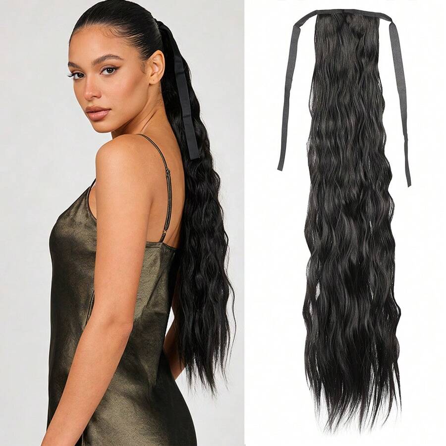 女士合成长波浪卷发接发片，夹式马尾辫，黑色/金色可选，耐热纤维
