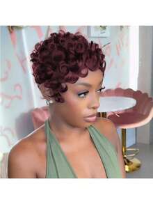 Short Pixie Wigs Short Black Curly Pixie Wigs Synthetic Hair Wigs  Natural Wavy Black Pixie Cut Wig Short Curly Layered Pixie Wig - 酒紅色 - 查看 5
