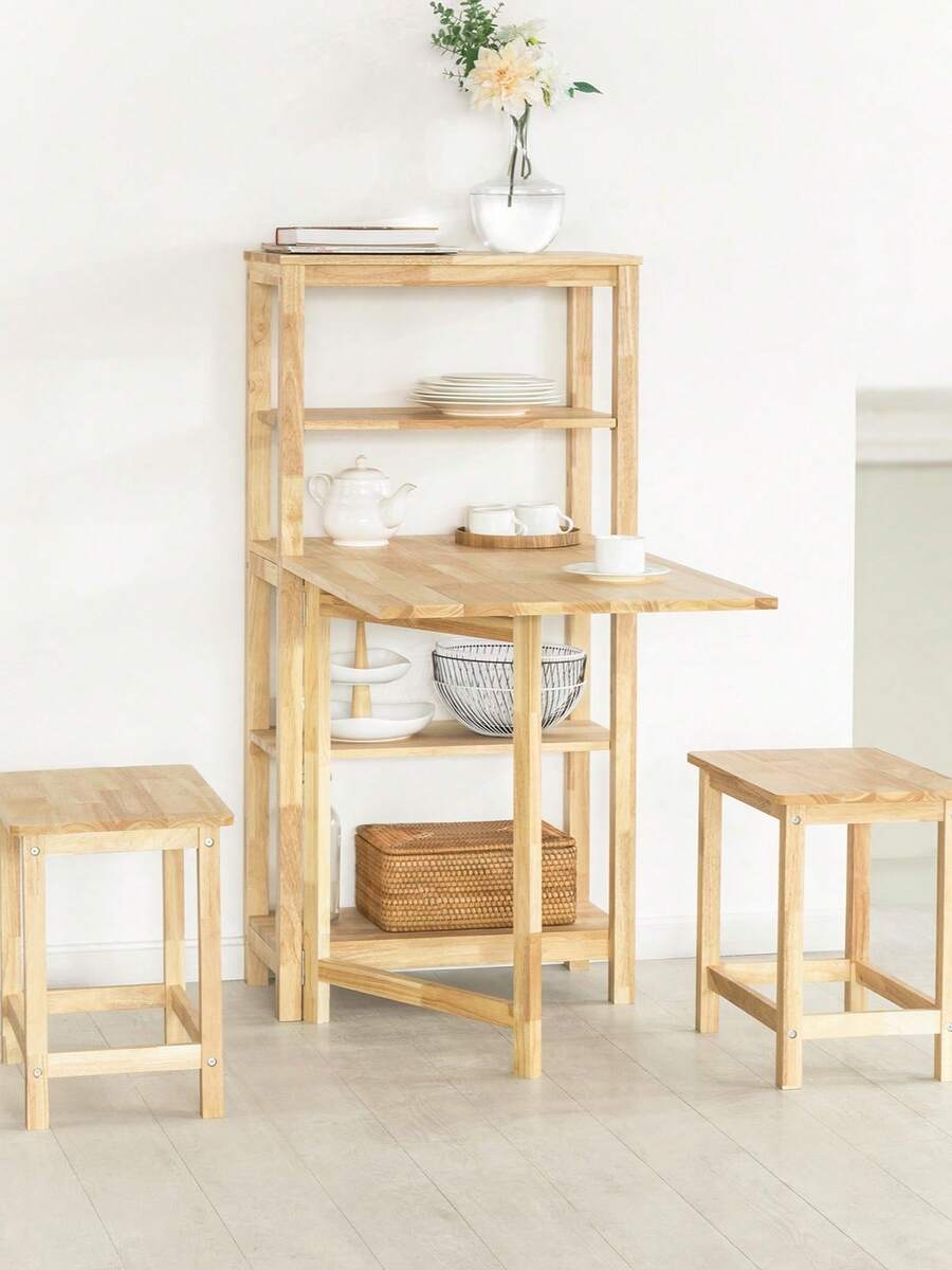 SoBuy FWT70-N，折叠餐桌餐厅桌厨房桌带 5 个储物架，橡胶木餐桌 - 棕色 - 查看 1