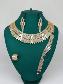 4 piezas Juego de joyería de lujo: Collar de perla de concha de cobre con circonita artificial, Aretes, Anillo, Pulsera, Juego de joyería nupcial de circonita cúbica, Regalo elegante para el Día de San Valentín