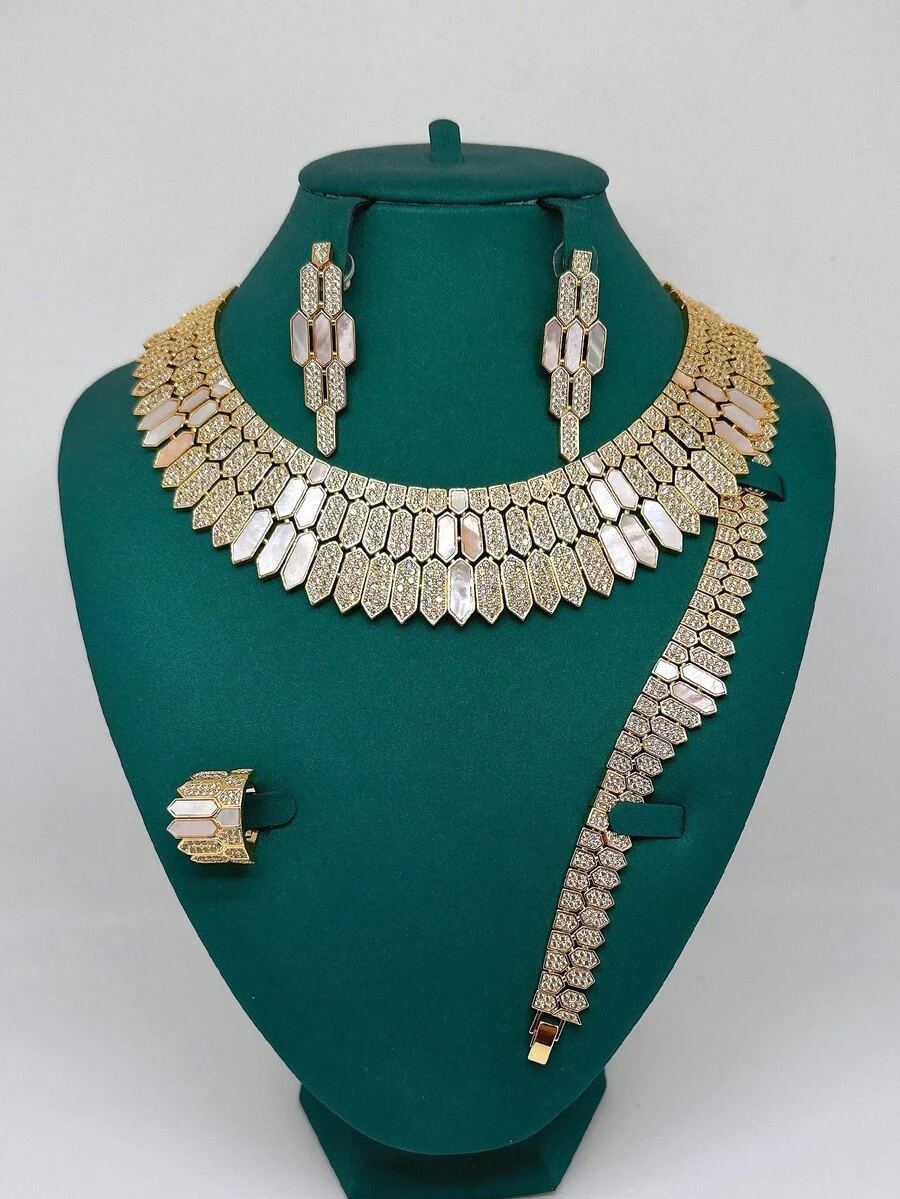 4 piezas Juego de joyería de lujo: Collar de perla de concha de cobre con circonita artificial, Aretes, Anillo, Pulsera, Juego de joyería nupcial de circonita cúbica, Regalo elegante para el Día de San Valentín