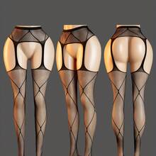 8pcs Fishnet Garter Belt Thigh-High Stockings, Over-Knee Tights - 黑色 - 查看 3