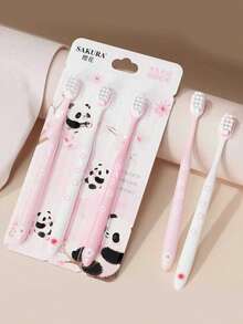 3支装软毛渐变粉色熊猫图案牙刷，家庭装、成人装、情侣装、旅行装 - 粉色 - 查看 2