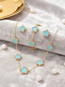 Bộ trang sức 4 món kiểu Ins-Style hình cỏ ba lá khảm vỏ sò nhiều màu sắc và đính đá rhinestone, mạ vàng (dây chuyền + vòng tay + bông tai), phụ kiện thời trang đa năng dùng hàng ngày. - bộ đồ - Xem 17