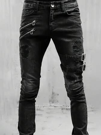 1pc Men's Slim Fit Casual Street Style Black Denim Jeans, Emo Style