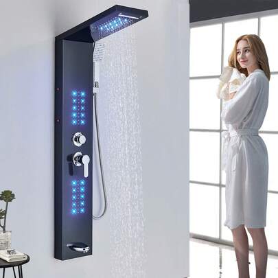 Hydromassage Post LED Stainless Steel Shower Panel Tower System, Rainfall&Waterfall Massage 5 Functions Bathtub Shower Set