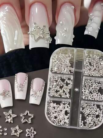 1 Box Silber Stern 3D Punk Nagel Accessoires, Legierung Hohle Fünfzackige Stern Nagel Accessoires, Flachboden Nagel Strass Stahlkugeln, 2K Japanischer Stil Künstliche Edelstein Dekorative Nagel Accessoires, Dreidimensionale Nagel Accessoires