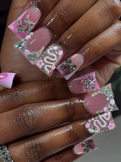 24pcs Y2K Long Coffin Pink French Manicure Nail Stickers, 3D Alloy Star, Petal, Rhinestone, Snake Decor Acrylic False Nails Set, Includes: 1pc Jelly Gel And 1pc Nail File, French Manicure Nails, Suitable For Women And Girls DIY Daily, Festival, Party, Etc. Nail Supplies