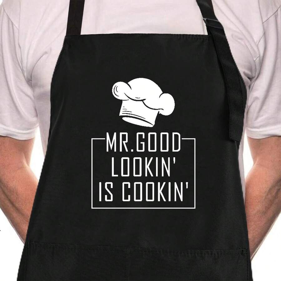 Funny BBQ Black Chef Aprons For Men, Mr Goodlookin' Is Cookin', Adjustable Kitchen Cooking Aprons With Pocket Waterproof Oil Proof Father's Day/Birthday - 預設 - 查看 1