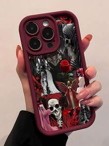 Estuche para teléfono con diseño de calavera de rosa gótica Compatible con estuches para teléfonos   17  16 Pro Max  15 Pro Max  13 y  12 Estuche protector de TPU grueso Resistente al agua, a caídas y a rayones Un gran regalo para familiares, amigos, seres queridos, novios/novias y para Halloween - Burdeos - Ver 1