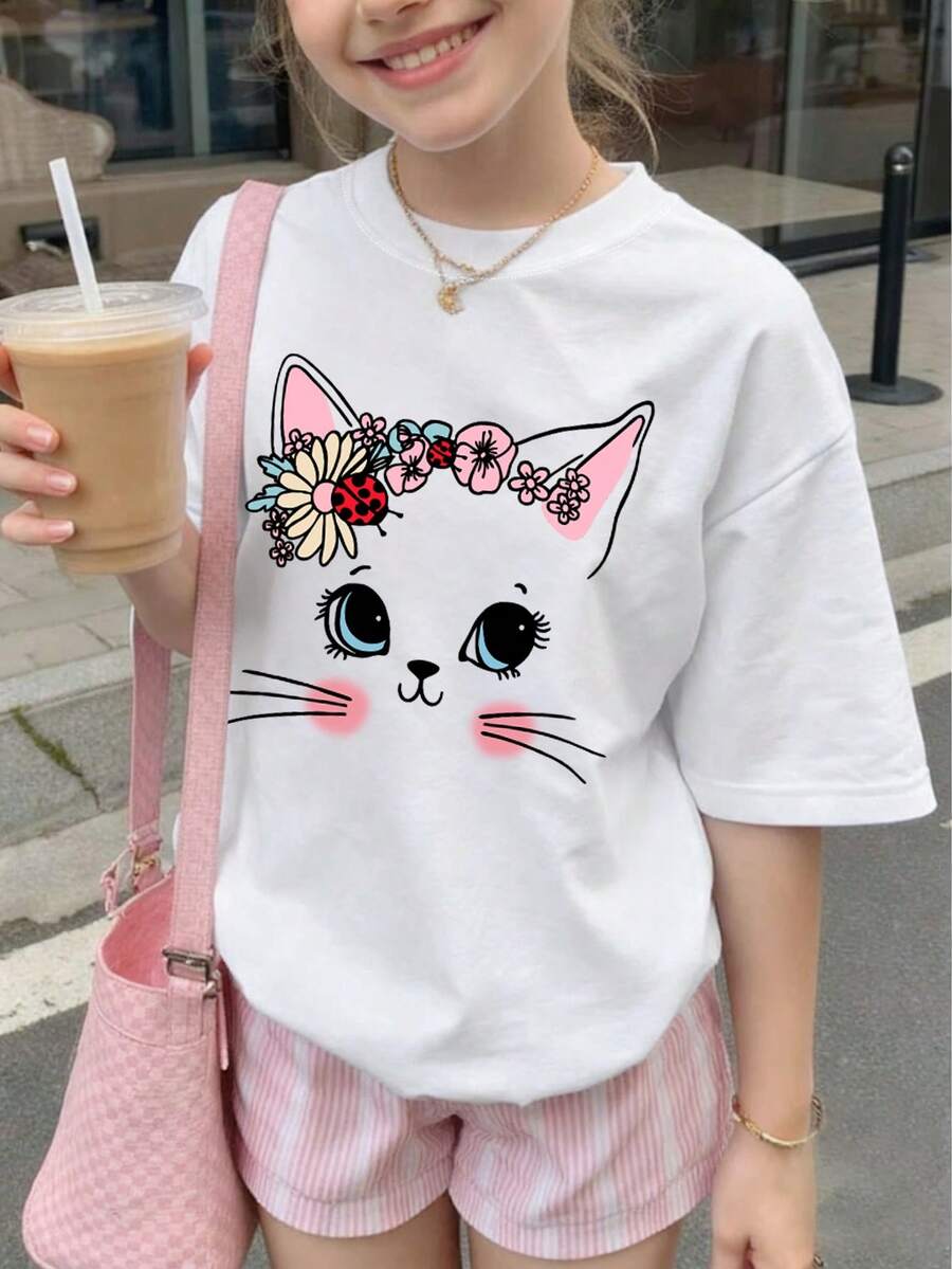 少女休闲可爱猫咪印花圆领短袖T恤,夏季上衣,适合可爱女孩日常穿着 - 白色 - 查看 1