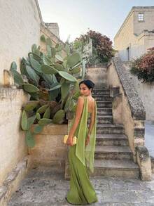 New Fashion Temperament Slim-Fit Solid Color Slim-Fit Dress Including Scarf - 綠色 - 查看 11