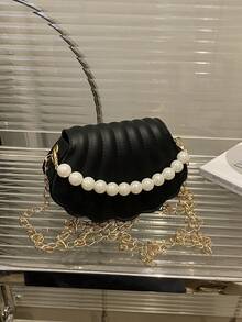 1pc Girls' Solid Color Pearl Chain Decor PU Flap Closure Fashion Crossbody Bag, Suitable For Autumn/Winter Everyday Use - Black - View 1