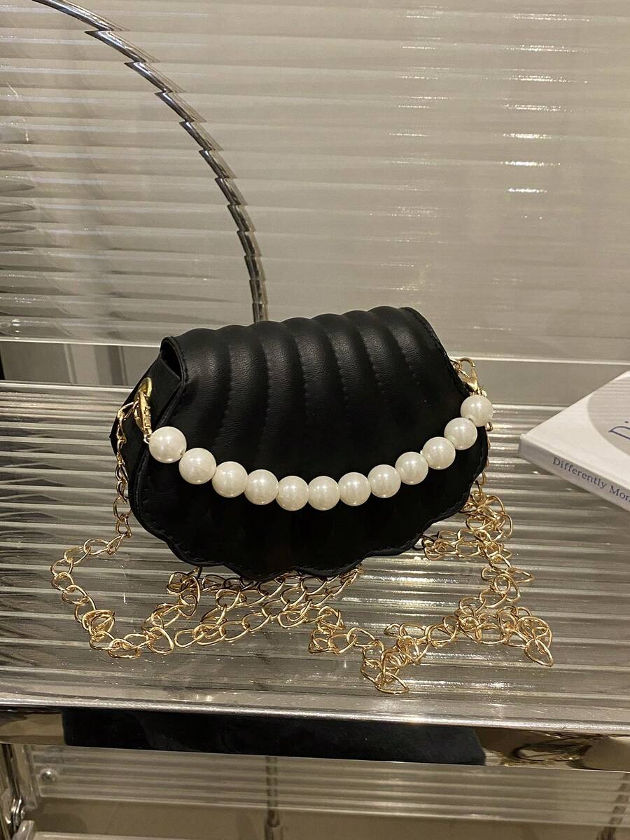 1pc Girls' Solid Color Pearl Chain Decor PU Flap Closure Fashion Crossbody Bag, Suitable For Autumn/Winter Everyday Use - Black - View 1