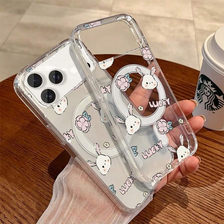 Cute cartoon rabbit phone case For  11 12 13 14 15 16 17 Pro Max 14 15 16 Plus 17 AIR 16e Luxury fashionable acrylic magnetic wireless charging hard case cover - yklLuckyTransparent51LR - Ver 1