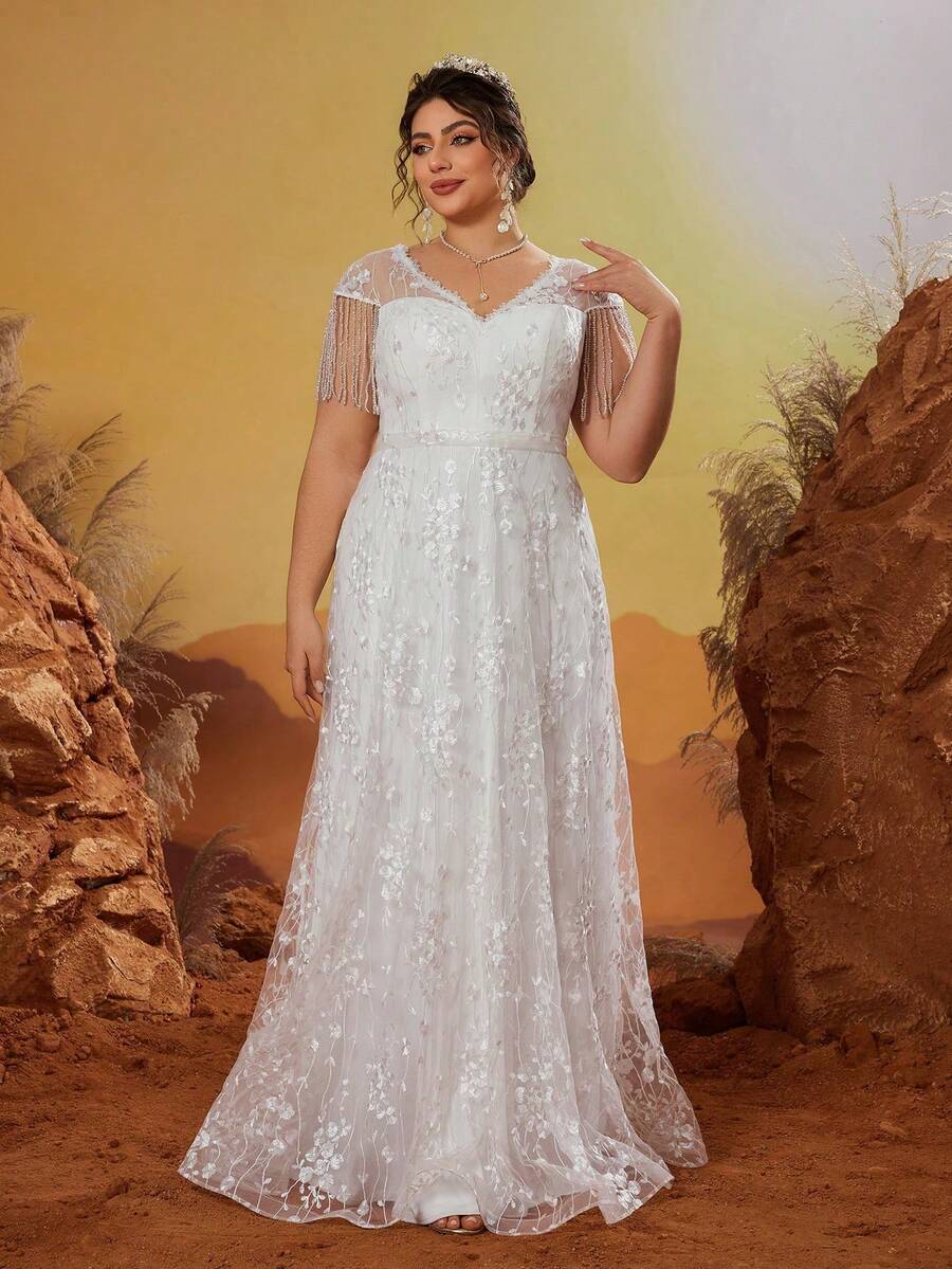 MGIACY Plus Size V-Neck Sheer Flare Sleeve Pearl Embroidered Lace High-End Wedding Dress, White, Summer Festival Party Wedding Guest Outfit - White - View 1