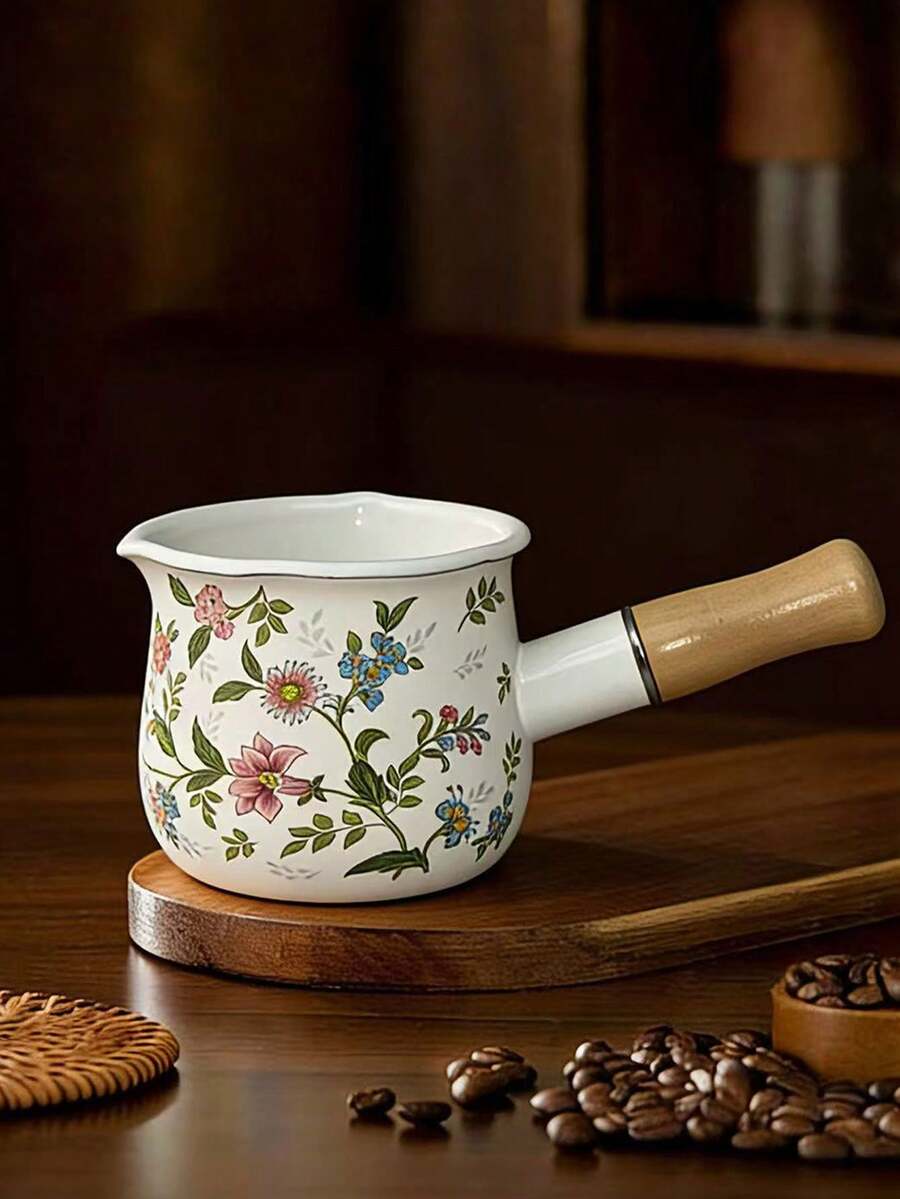 1pc 4-Inch Mini Enamel Milk Pot And Butter Warmer - Wooden Handle Small Skillet, Perfect For Heating Small Liquid Portions, White, Kitchen Essential | Stylish Kitchenware | Durable Enamel With Insulated Wooden Handle, Dual Spouts, Adorable Food Warmer, Mini Butter Pot Baby Food Pot Can Be Used For Frying And Cooking, Dual Spout, Mini Insulated Cute Stew Pot, Ideal For Heating Small Liquid Portions