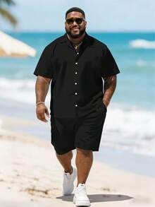 Plus Size Men's Shirt Suit, Short-Sleeved Shirt And Shorts Two Pieces, Solid Color Can Be Machine Washed, Plus Size. - Black - View 7