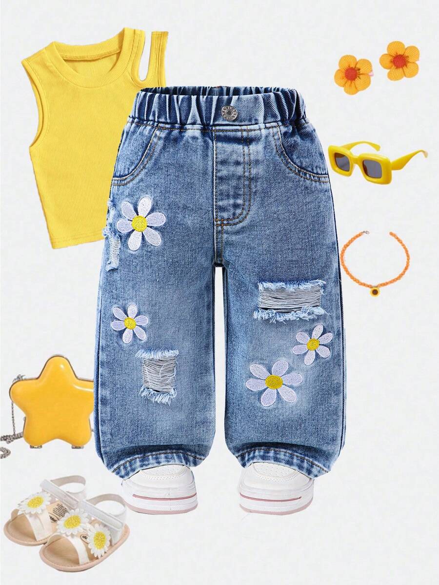 Baby Girls' Distressed Denim Jeans, New Arrival, Vintage Washed Ripped Floral Embroidered Cute Baby Girl Flare Pants, Comfortable Elastic Waist Jeans, Suitable For Casual Outings And Play - Light Wash - View 1