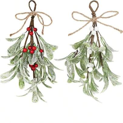 Artificial Mistletoe Decorations, Mistletoe Hanging Decor, Glitter Christmas Tree Accessories, Artificial Dried Leaves Hanging Decorations, Suitable For Trees And Doors