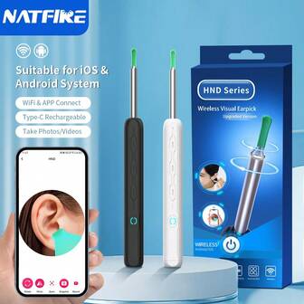NATFIRE 无线耳朵清洁器智能可视耳勺用于耳朵清洁相机耳垢清除工具 WiFi 耳镜和 6 个 LED 灯耳镜内窥镜带 5 个硅胶耳勺兼容 Iphone iPad Android 挖耳勺用于家庭耳朵清洁旅行用品、婚礼、派对、生日、送给男士妈妈爸爸朋友的礼物、新年趣味礼物