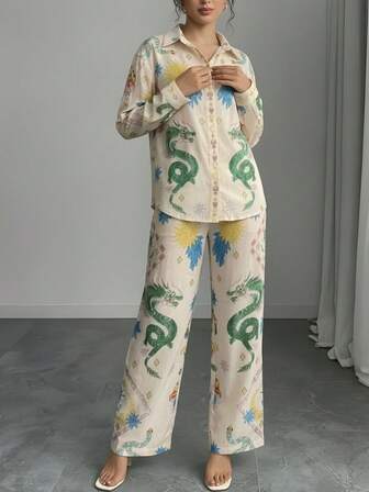 Women's Vintage 2 Pieces Set, Blouse & Wide Leg Pants, Chinese Dragon Print, Silky Drape Loose Casual Wear For Home, Daily, Commute