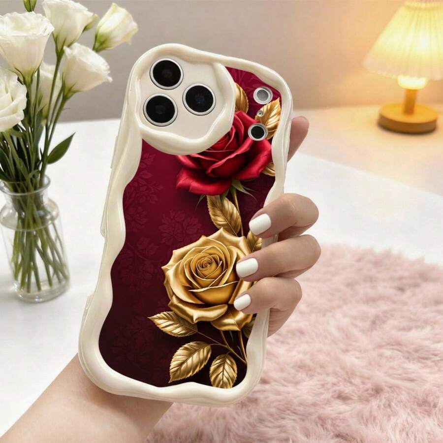 1PC Phone Case ,  Red Rose Gold Leaf Pattern , Stylish Phone Case, Phone Decoration, All-around Lens Protection, Creative Small Gift, Funny Gift for Boys and Girls - ホワイト - チェックする 1