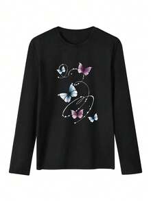 Women's Ombre Butterfly Curve Print T-Shirt, Dreamy Black Loose Top, Round Neck Design, Long Sleeve T-Shirt, Elegant Minimalist, Autumn/Winter, Women's Top, Printed Long Sleeve T-Shirt, Women's T-Shirt - Black - View 3