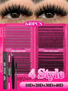 640/200pcs Cluster False Eyelashes Set, High Density 10D-100D, 10-16mm Mixed DIY Lash Clusters, Super Dense, Natural Look, Ultra Soft, Reusable, Suitable For Daily Life, Travel, Wedding, Date, Party, Music Festival And Christmas - Rose Red - View 3