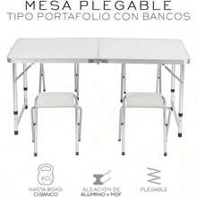 Mesa Plegable Tipo Portafolio con 4 Bancos, 120cm de Largo, Ajustable a 3 Diferentes Alturas, Plástico Resistente Interiores y Exteriores, Kit Plegable en Portafolio con 4 Bancos (Blanco)sillas para comedor/mesa - blanco - Ver 5