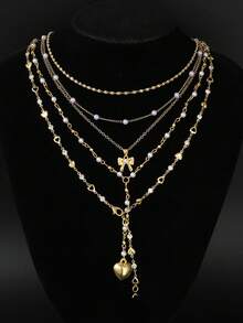 5件套Y型链复古优雅蝴蝶结、心形、几何方形、仿珍珠、水钻、流苏吊坠简约金属项链套装，时尚、优雅、精致、复古设计，适合假日、派对、约会、送礼、日常佩戴 - 金黃色 - 查看 13