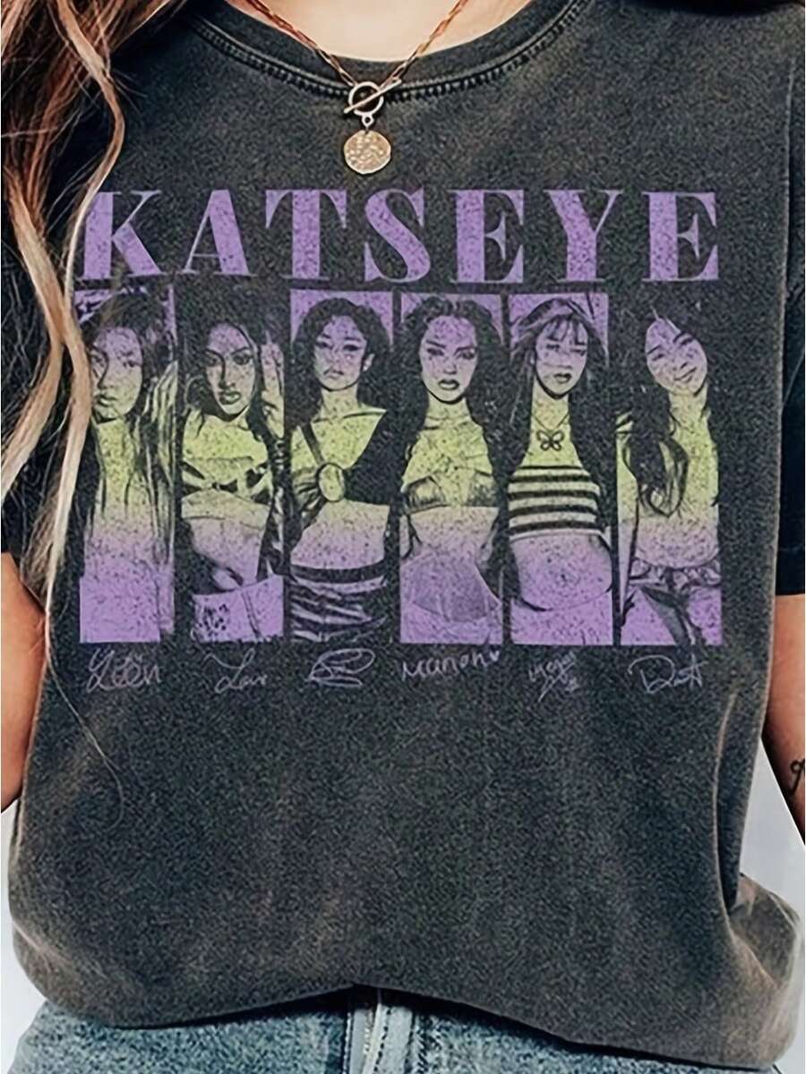 KATSEYE Vintage Katseye Band-Shirt - Short Sleeve Casual Round Neck Tee With Iconic Elliptical Katseye Stone Print, Washable All-Season Fit, VHG6 - 黑色 - 查看 1