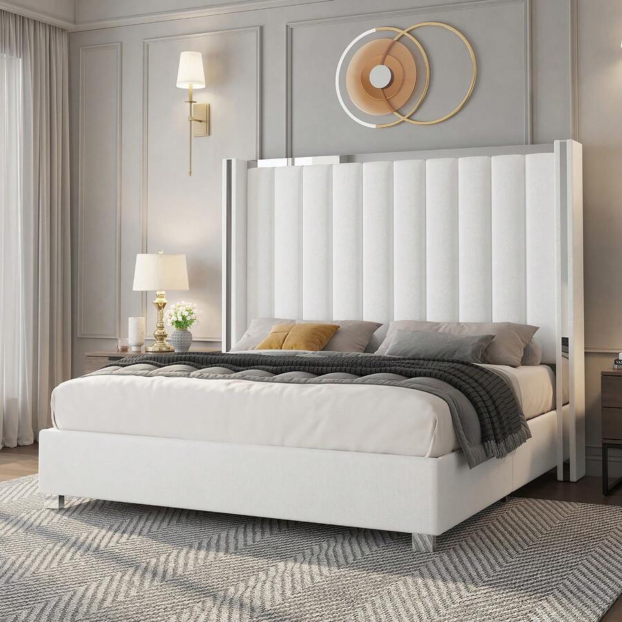 Queen/King Velvet Bed Frame 58 Inch Tall Wingback Headboard Channel Tufted Plating Trim Chrome Legs Modern Bedroom Furniture, White - 白色 - 查看 1