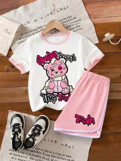 2pcs/Set Girls' Fashion Creative Cute Printed T-Shirt + Shorts, Suitable For Summer Wear