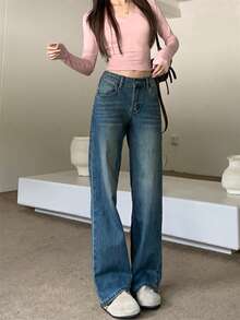 蓝色阔腿直筒牛仔裤，宽松版型女式休闲裤 - 藍色 - 查看 3