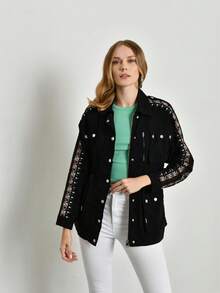 Cream White Jacket With A Drawstring Waist, Multiple Pockets, And Geometric Embroidered Sleeves- MADE IN TURKEY - Black - View 1