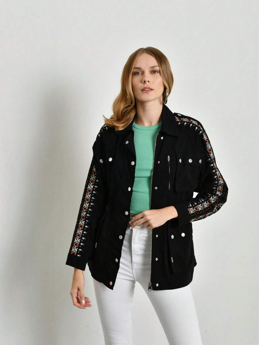 Cream White Jacket With A Drawstring Waist, Multiple Pockets, And Geometric Embroidered Sleeves- MADE IN TURKEY - Black - View 1