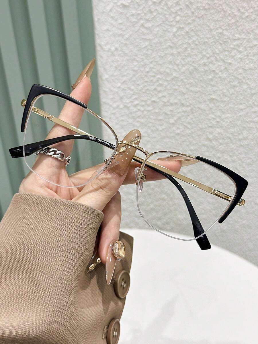 1 par de gafas de mujer con montura de metal de ojos de gato en bloques de color, patas personalizadas con resorte, con un estilo retro y elegante de bordes finos y transparentes - Multicolor - Ver 1