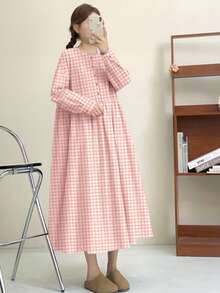 女士复古撞色格纹长袖连衣裙，宽松休闲秋季长裙 - 粉色 - 查看 8