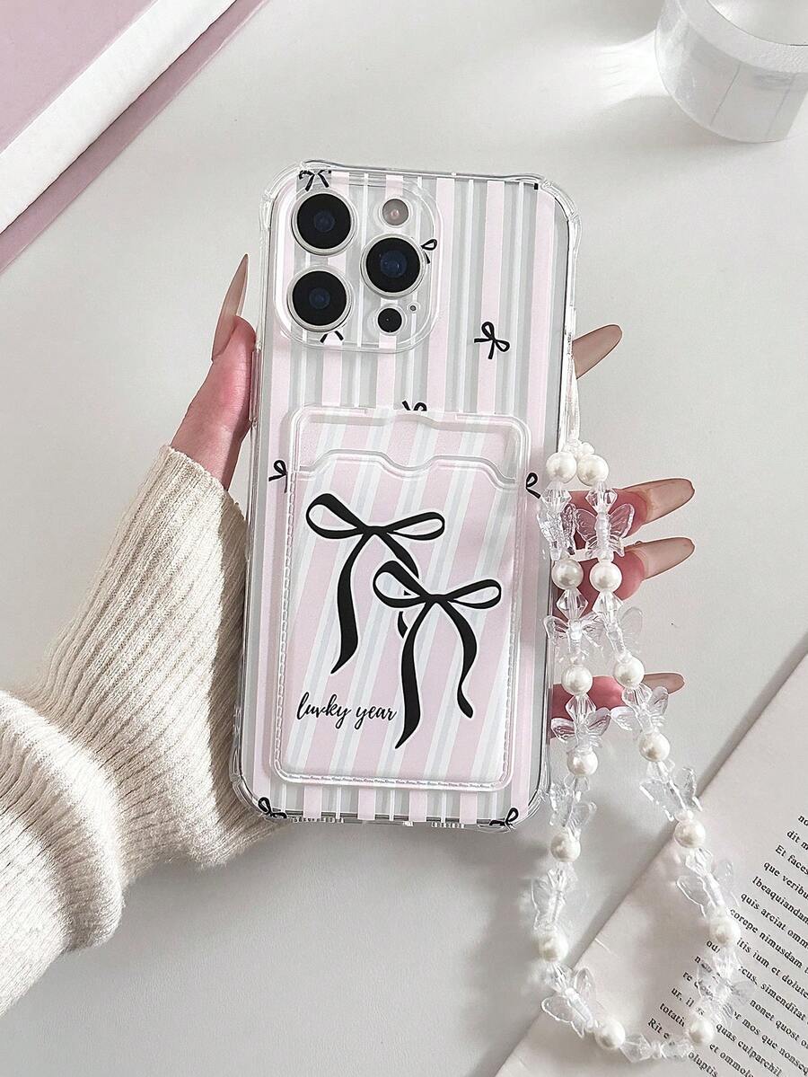 Striped Bow Tie Painted Transparent Card Holder Soft Silicone Full Coverage Protective Phone Case With Decorative Beaded Bracelet, Compatible With IPhone 17pro/17Air /17/17promax16/11/16pro/16plus/16promax/16e/15Promax/13/14/12/XS/XR/7G/8P, Galaxy, Redmi - Multicolor - View 1