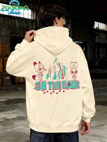 Disney 疯狂动物城系列时尚史迪奇印花连帽衫，男士宽松长袖抽绳连帽衫，秋冬印花连帽衫（男士套头连帽衫，黑色连帽衫，白色连帽衫，冬季连帽衫，灰色连帽衫，男士冬季连帽衫，加大码连帽衫） - 杏色 - 查看 2