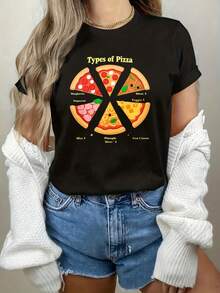 Interesting Prints Types Of Pizza T Shirt Funny Food Graphic Tee For Women Casual Black Top With Pizza Design Slice 3 Veggie 5 Pineapple Slices 4 Margherita Pepperoni Four Cheese Print Shirt Unisex - màu đen - Xem 2