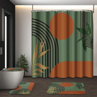 1pc/3pcs/4pcs Abstract Plant Curve Texture Shower Curtain Set, Toilet Seat Bath Mat Floor Mat Set, Premium Printed Shower Curtain, Perfect For Bathroom Decoration, Universal Room Decoration, Home Decoration Set, Bathroom Accessories Bath Curtain Toilet Side Floor Mat Shower Curtain