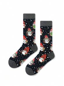 1双男士休闲袜，创意圣诞小矮人图案（带拐杖糖和雪花设计），新奇有趣中筒袜，透气舒适，完美礼物 - 彩色 - 查看 8