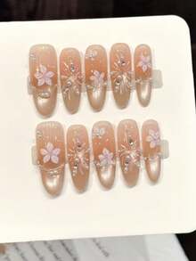 10PCS Long Oval Handmade Press On Nails For Party And Daily Wear ,Pink Color Nails,Oval Nails,Fireworks,Floret,Shiny And Dazzling,Easy To Wear 10pcs Y2K Handmade Press On Nails,Suitable For Girls And Women Festivals Parties And Daily Wear Nail Supplies - Baby Pink - View 2