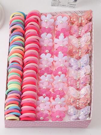 111ชิ้น/เซ็ต กิ๊บติดผมเลื่อมรูปผีเสื้อน่ารักสีชมพูสำหรับเด็กผู้หญิง, ยางมัดผม, เครื่องประดับผมลายดอกไม้, ของตกแต่งผมเรียบง่ายและอบอุ่นสำหรับผมหางม้า