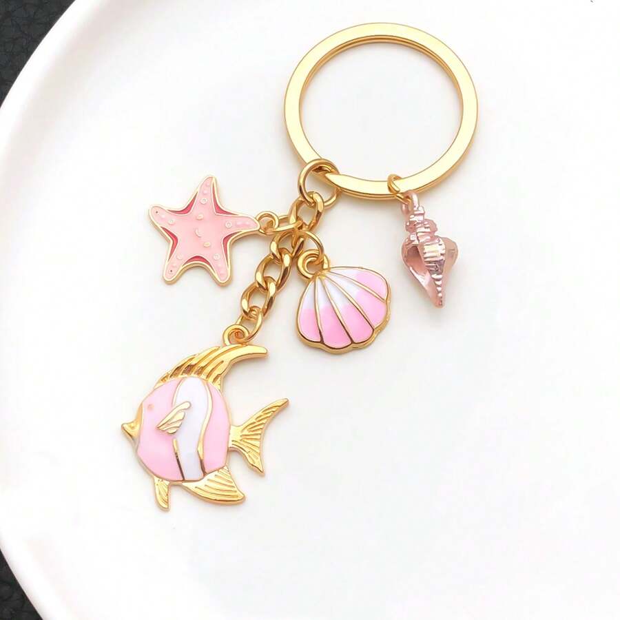 1件装男女通用合金小丑鱼海星贝壳海洋系列吊坠钥匙扣，可作礼物送给朋友，金色钥匙扣，包包挂饰，钱包挂件，钥匙圈 - 彩色 - 查看 1