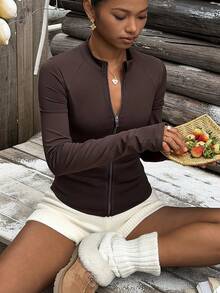 优雅经典夹克，立领，全拉链设计，收腰剪裁/修身拉链前襟/显瘦拉链闭合，带拇指孔/拇指孔袖口/拇指孔细节，精致长袖，带拇指孔细节和显瘦拉链闭合，女士经典立领夹克 - 棕色 - 查看 6